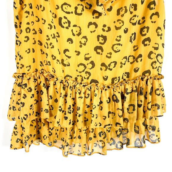 Nicole Miller Yellow Leopard Top Bow Neck Tie Blouse Cap Sleeve Ruffle Sz S - Picture 5 of 9